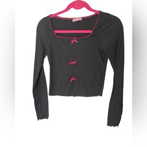 Ragdoll LA Black Ribbed Bow Cardigan Top Y2K Coquette Small 2000s vibe